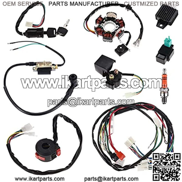 Wire Harness Kit Complete Electrics Stator Coil CDI Wiring Harness Solenoid Relay Spark Plug for ATV Quad 50cc 70cc 110cc 125cc 4 Stroke Go Kart Dirt Pit Bikes