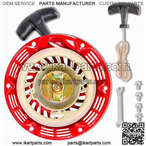 Pull Recoil Starter Start Assembly for Predator Ghost 212cc Engine, Go Kart KT196, CT200U BT200X Mini Bike Parts Accessories, Ducar 212cc Clone Engine, Rage Red, Upgraded Handle