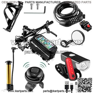 8-Piece Bicycle Accessories, USB Rechargeable Bicycle lamp, Solar headlamp, Bicycle Lock, Bicycle Mobile Phone Rack, Bicycle Water Cup Holder, Bicycle Mirror, Bicycle Bell and air Pump