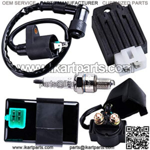 CDI Box Ignition Coil Solenoid Relay Voltage Regulator with Spark Plug Set of Five(5) for 50cc 70cc 90cc 110cc 125cc ATV Dirt Bike and Go Kart
