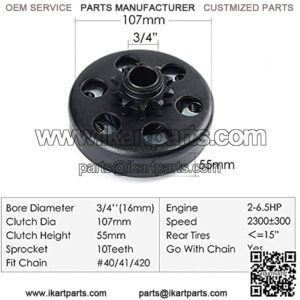 Minibike Centrifugal Go Kart Clutch 3/4" Bore 10 Tooth 10T Fit for #40/41/420 Chain 6.5HP (3/4 10T)
